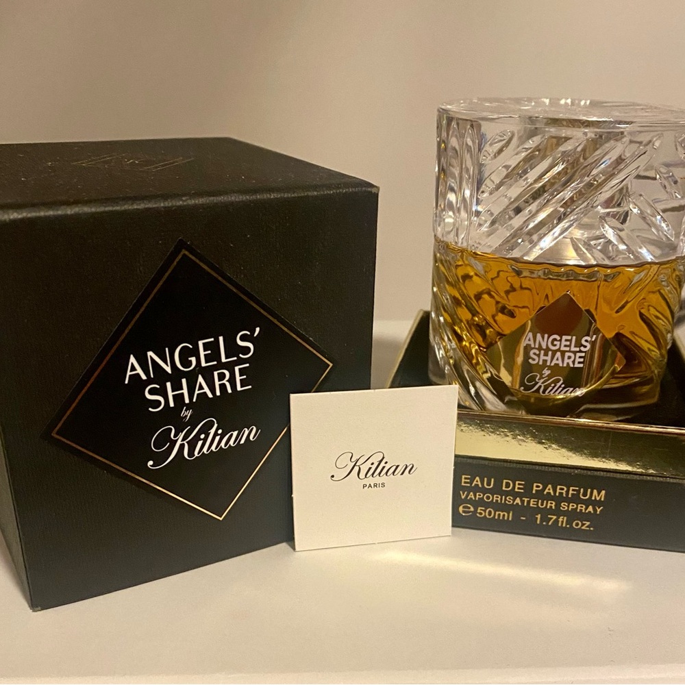 Kilian Angels' Share Fragrance with Gold and Black Accents. 50 ml bottle.